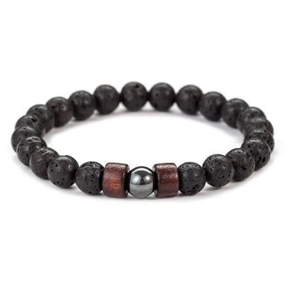 Pulsera de Piedra Volcánica y Madera – Estilo Tibetano con Cuentas, Unisex, Joyería de Energía y Equilibrio