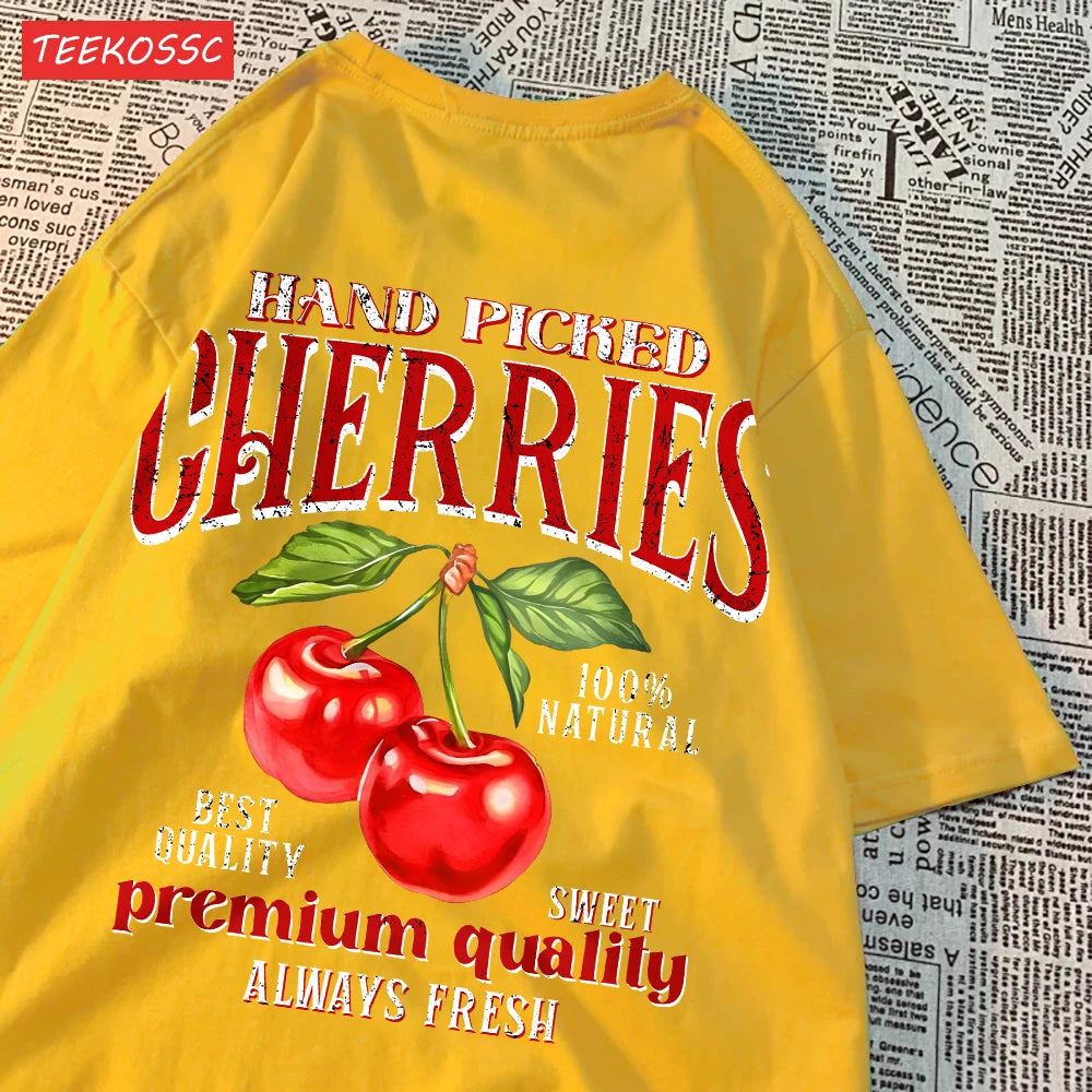 Camiseta Oversize Mujer Verano | Algodón Estampado Limones y Cerezas Casual