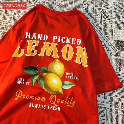 Camiseta Oversize Mujer Verano | Algodón Estampado Limones y Cerezas Casual