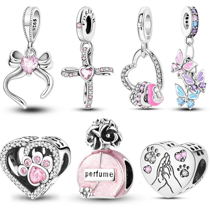 Original 925 Sterling Silver Pink Series Charms Beads Bow Perfume Bottle Heart-Shaped Cross Pendant Fit Bracelet DIY Jewelry