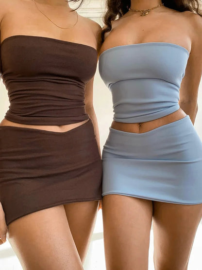 Conjunto Dos Piezas Mujer 2025 | Top Palabra de Honor y Mini Falda Sexy Fiesta Primavera Verano