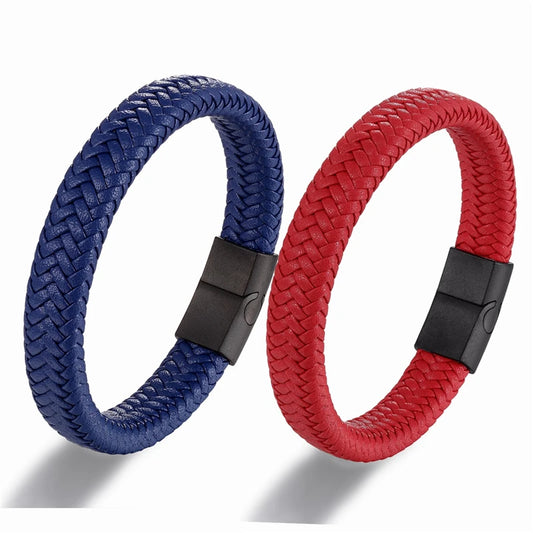 Pulsera de Cuero Genuino para Hombre – Joyería Clásica con Cierre Magnético de Acero Negro