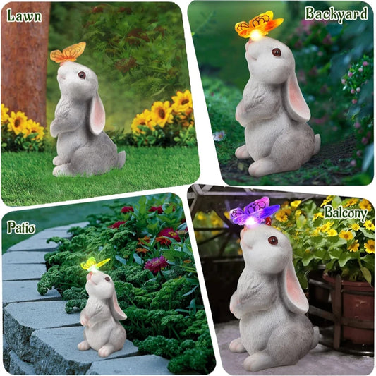 Estatua Solar de Jardín Conejo con Mariposa y Luz LED 7 Colores – Adorno Exterior para Patio, Césped y Balcón
