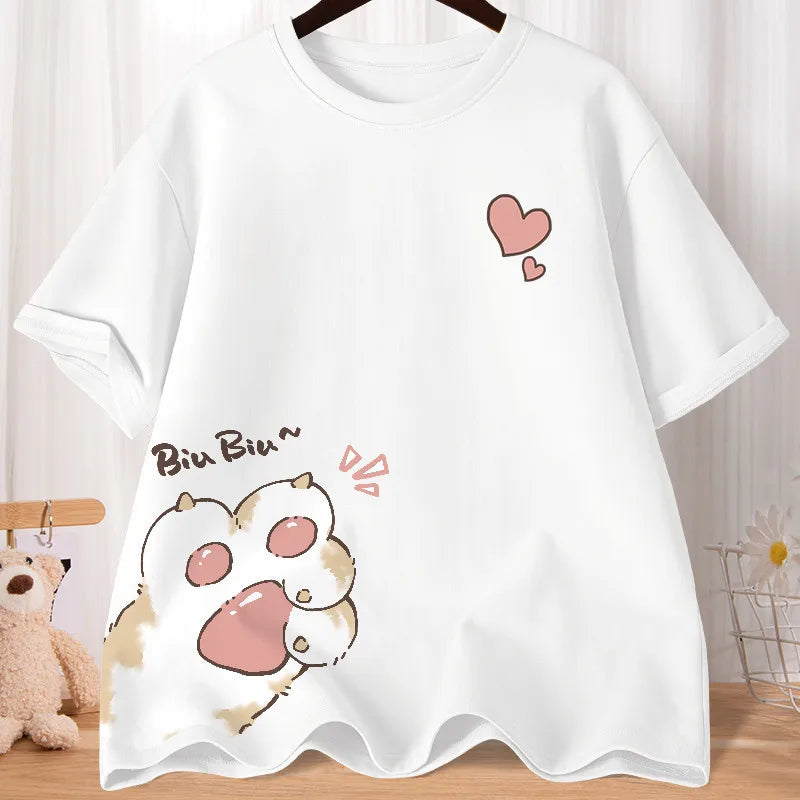 Camiseta Oversize Mujer Verano | Estampado Gatito Huella Amor Manga Media Casual