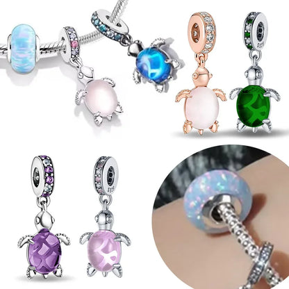 Charm colgante tortuga marina rosa – Plata 925 con cuentas coloridas, compatible Pandora, pulsera mujer DIY