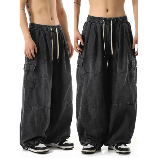 Jeans Cargo Negros Y2K para Hombre – Pantalones Baggy Oversize Streetwear Casual Pierna Ancha Estilo Hippie Vintage Denim