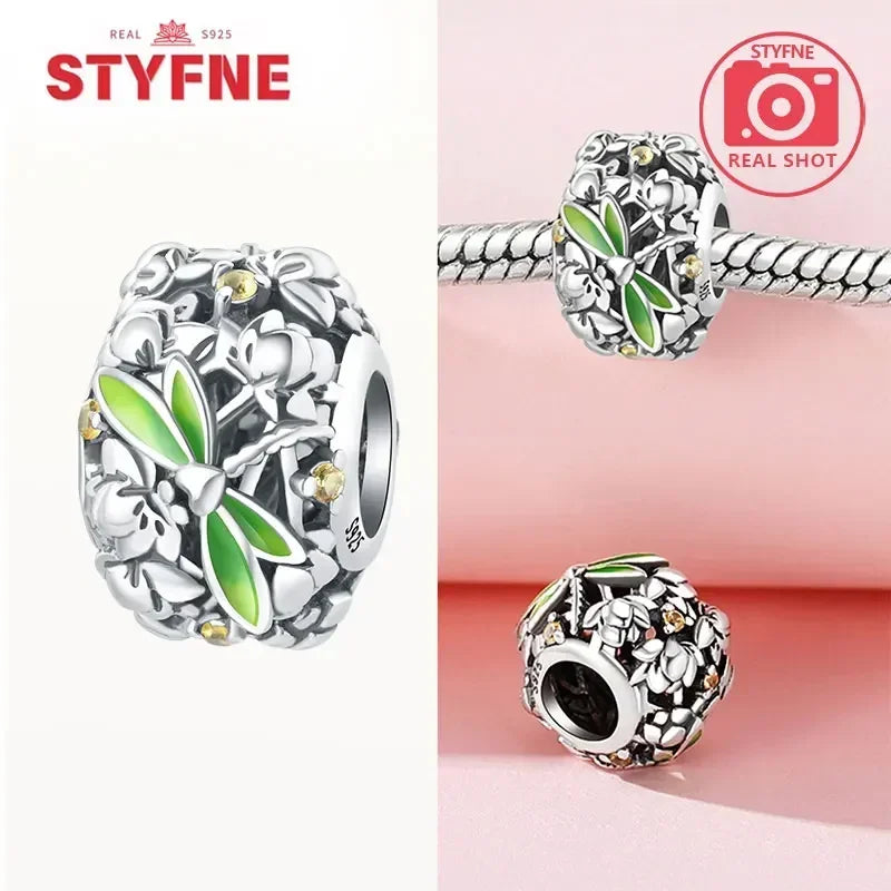 Charm Plata S925 Mariposa Libélula Flores con Gemas | Compatible Pulsera Pandora