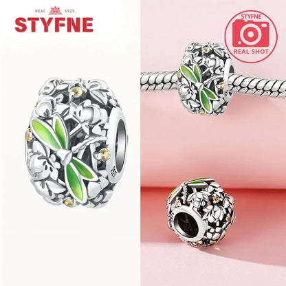 Charm Plata S925 Mariposa Libélula Flores con Gemas | Compatible Pulsera Pandora