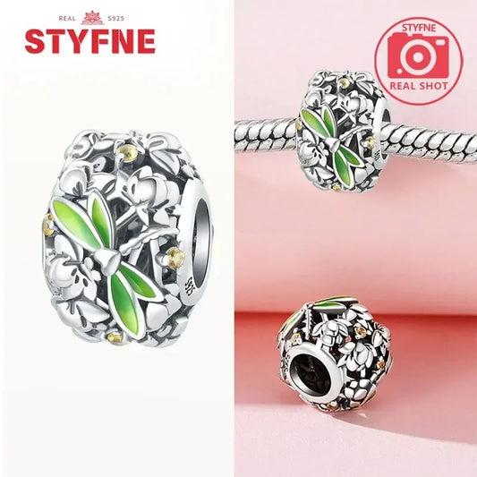 Charm Plata S925 Mariposa Libélula Flores con Gemas | Compatible Pulsera Pandora