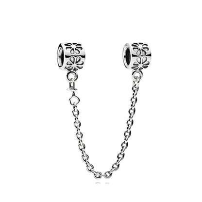 Cadena de seguridad plata 925 con charms mariposa, margarita, gato, oso y castillo – Compatible con pulsera Pandora mujer
