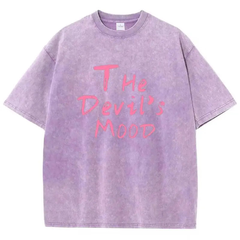 Camiseta Oversize Mujer Algodón Lavado | Estampado Letras The Devil’s Moon Casual Streetwear