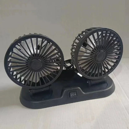 Ventilador de Coche Multi-Voltaje | Doble Cabezal USB Enfriador | 2 Velocidades Ajustables | Compatible 5V/12V/24V | Ventilación Automática