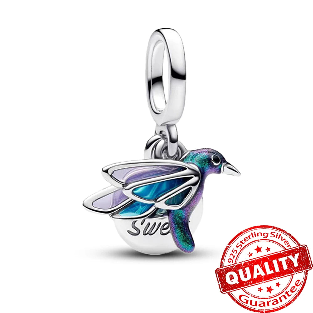 Charm de Plata 925 Trébol Azul Degradado y Flor Iris Rosa – Abalorio Elegante para Pulseras Originales