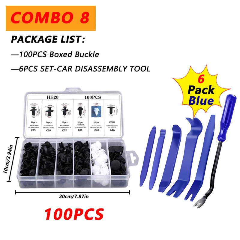 Kit 100 Clips Sujetadores Plásticos para Carro | Remaches Universales Puerta, Parachoques, Guardabarros + Herramienta