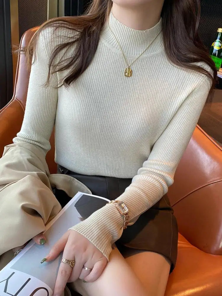 Suéter Cuello Alto Mujer Invierno Otoño | Suéter Básico Tejido Coreano Casual Ajustado