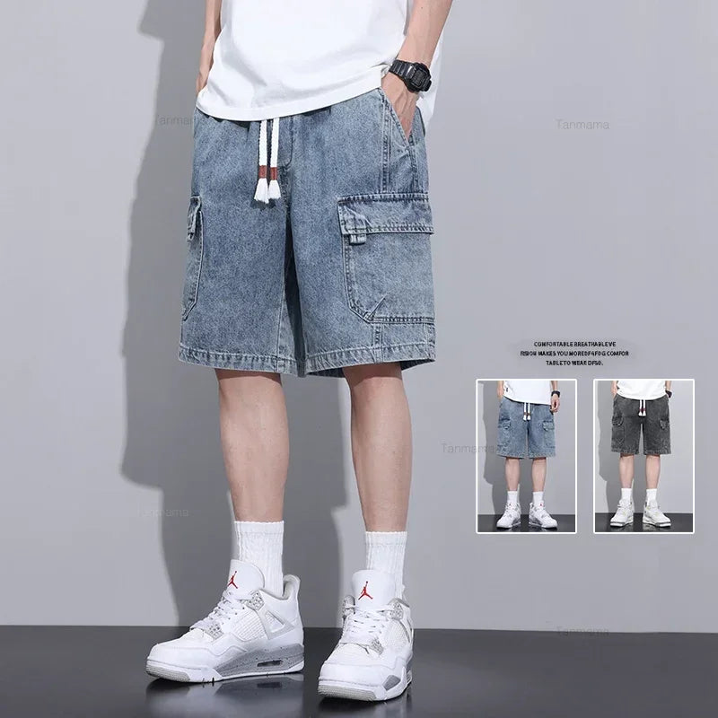 Shorts Vaqueros Oversize Hombre Estilo Coreano | Bermudas Cargo Baggy con Cintura Elástica Azul Gris Verano
