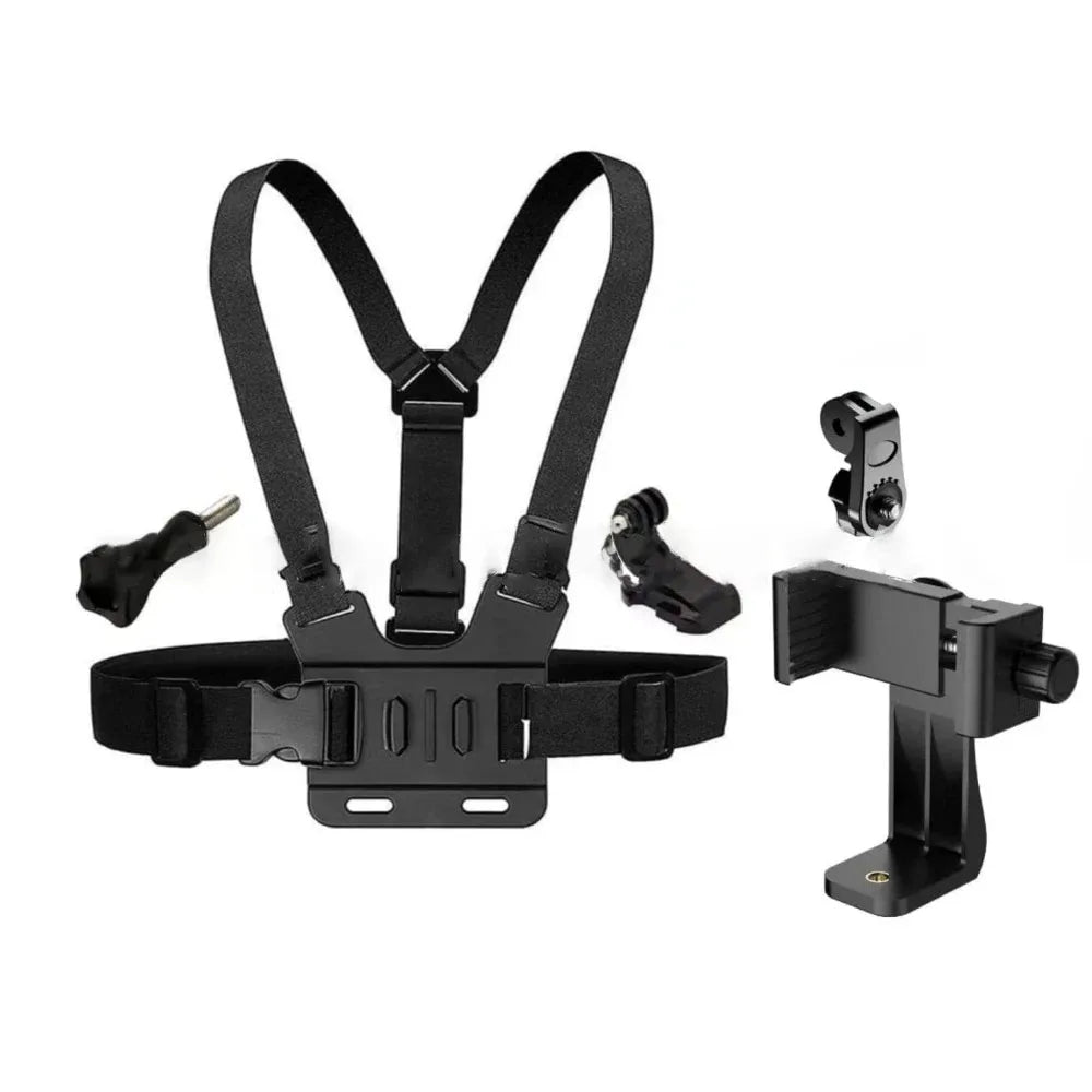 Soporte Ajustable para Teléfono con Arnés de Pecho | Clip de Fijación para Cámara Deportiva y Móvil
