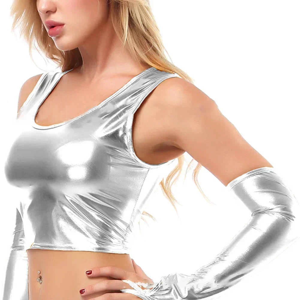 Crop Top Mujer 2025 | Top Brillante de PU sin Mangas para Club y Fiesta