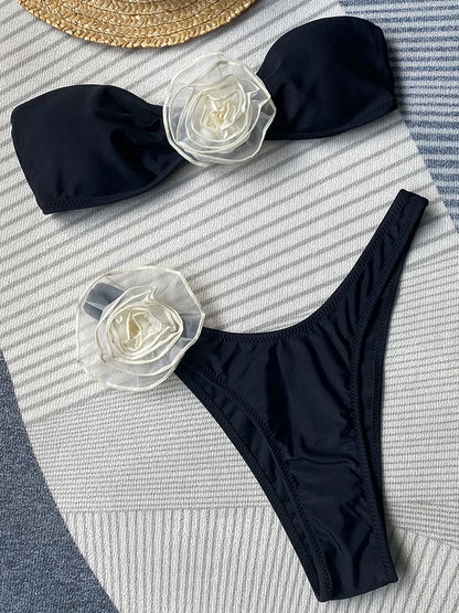 Bikini Brasileño Strapless Mujer | 3D Flores Bandeau 2 Piezas Playa