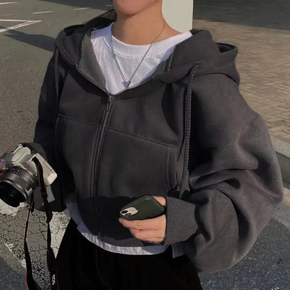 Sudadera Corta Mujer Azul Marino | Con Capucha Cremallera y Forro Polar Primavera Otoño