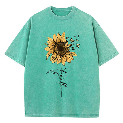 Camiseta Oversize Mujer Vintage Negra | Algodón Lavado Estampado Girasol y Mariposa