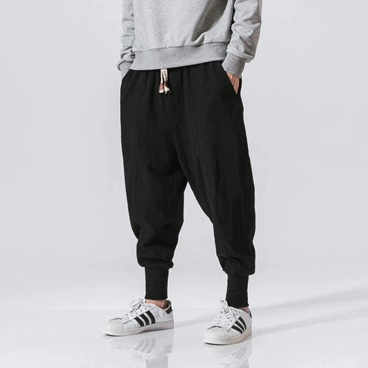 Pantalón Harem Hombre Algodón Lino | Jogger Holgado Streetwear Casual con Cintura Elástica