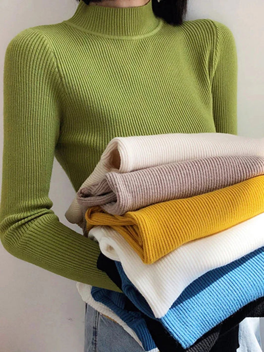 Suéter Cuello Alto Mujer Otoño Invierno | Suéter Tejido Básico Casual Ajustado Estilo Coreano