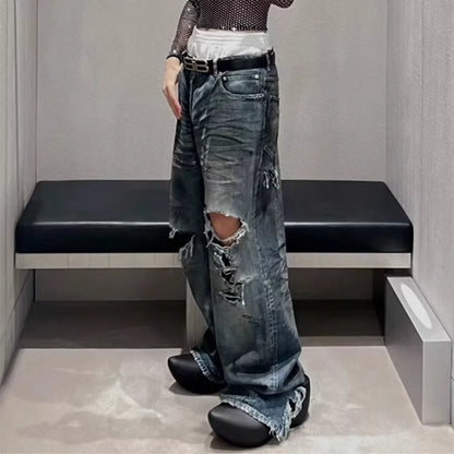 Jeans Rasgados Baggy de Pierna Ancha – Pantalones Denim Oversize Unisex con Agujeros Estilo Streetwear Casual