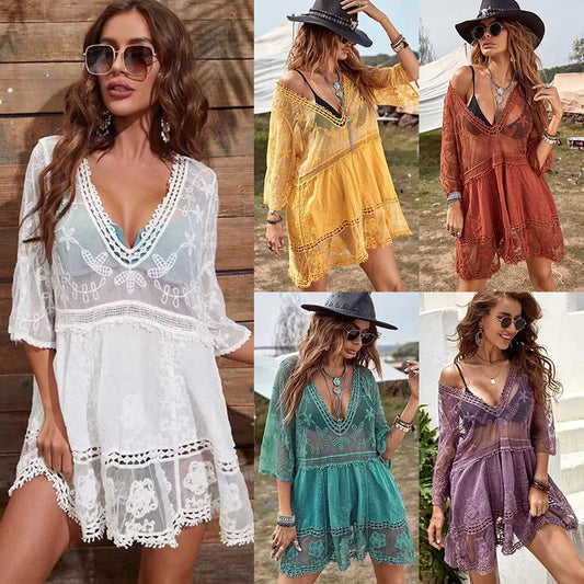 Vestido Playero Encaje Mujer | Salida de Baño Bikini Cover Up Kimono Corto V-Cuello