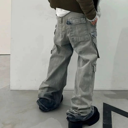 Jeans Cargo Oversize Multibolsillos Unisex | Pantalones Vaqueros Baggy Streetwear Wide Leg con Cintas