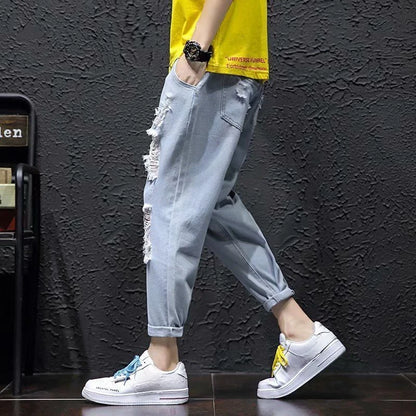 Jeans Oversize Hombre Cropped Verano | Vaqueros Rotos Tallas Grandes Moda Coreana
