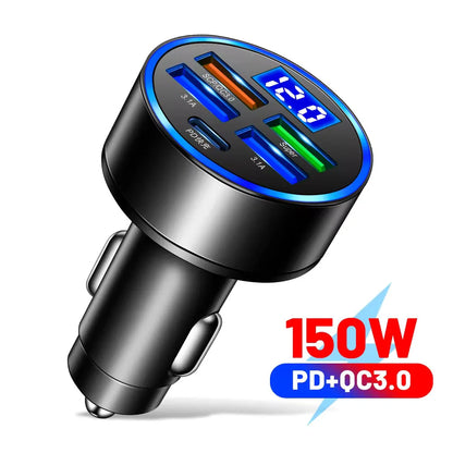 250W Fast Car Charger 6 Ports Quick Charge PD Type C USB A Adapter Transparent Case for iPhone 15 16 Pro Samsung S24 Xiaomi Poco