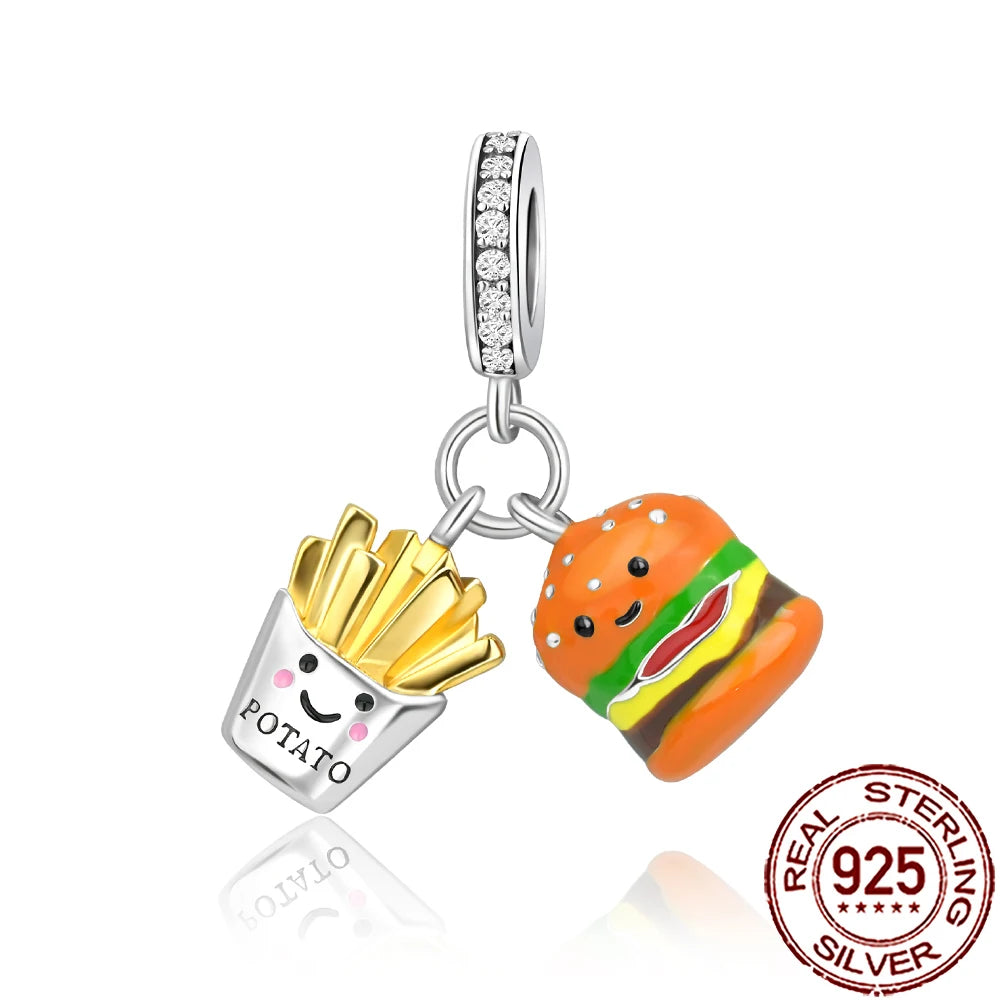 Charm Comida Divertida en Plata 925 – Café, Pastel, Frutas, Hamburguesa y Papas | Compatible Pandora 2025