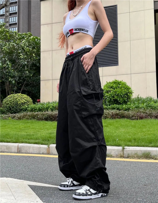 Pantalón Parachute Negro Mujer Y2K | Cargo Oversize Bolsillos Streetwear Harajuku