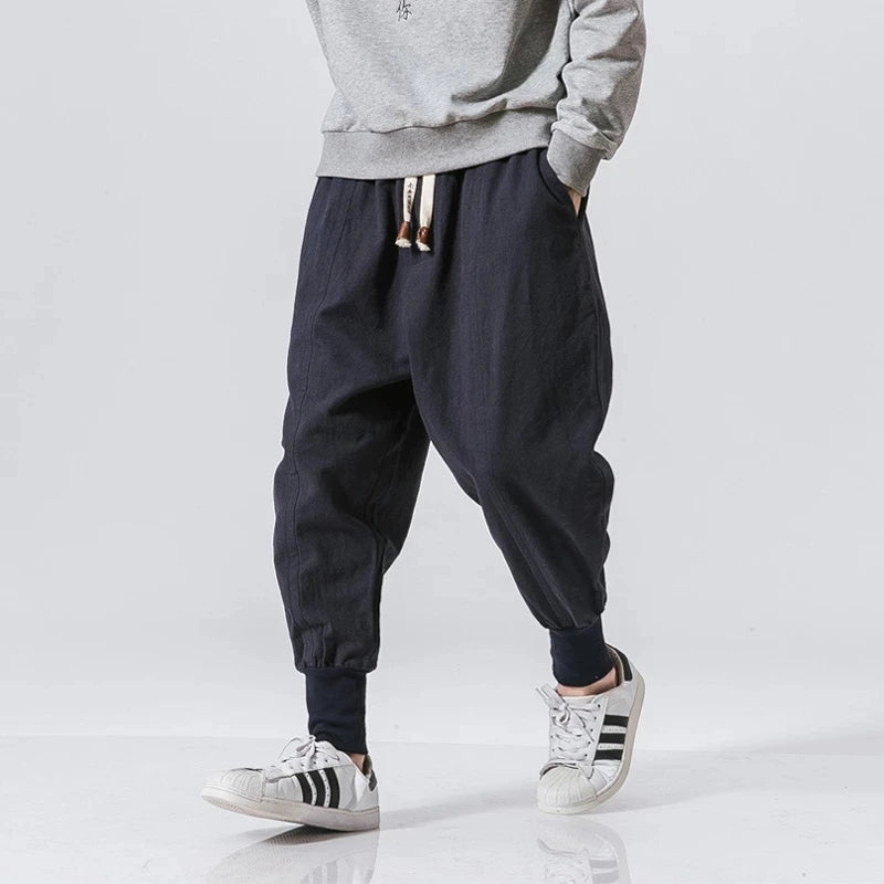 Pantalón Harem Hombre Algodón Lino | Jogger Holgado Streetwear Casual con Cintura Elástica