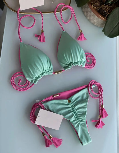 Bikini Mujer 2025 | Triángulo Multicolor Sin Espalda con Cordón