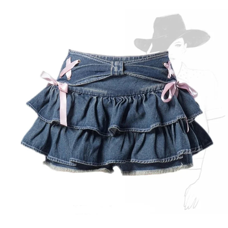 Falda Corta Plisada Mujer Denim Azul | Diseño con Lazo y Shorts Internos Estilo A-Line