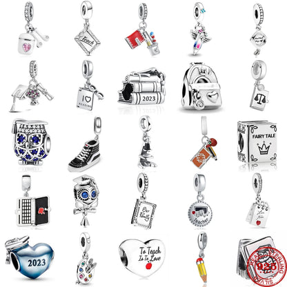 Charm colgante maestra plata 2023 – Abalorio en forma de cuaderno, lápiz y birrete para pulsera tipo Pandora mujer