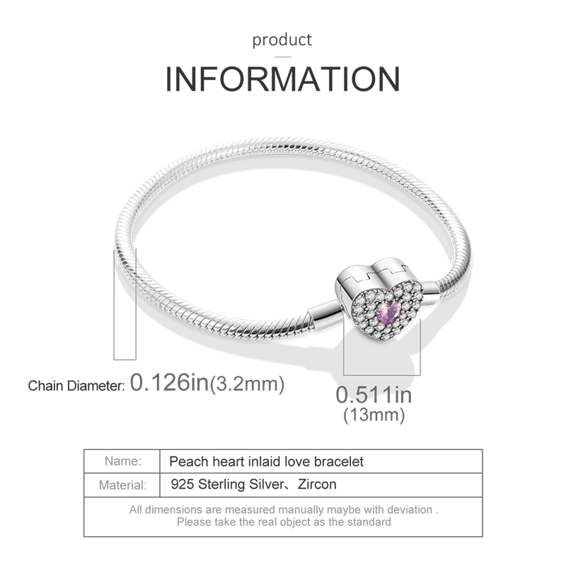 Fashion S925 Silver Plated Peach Heart Love Sparkling Zircon Bracelet For Women Fit DIY Charms Beads Fine DIY Birthday Jewelry