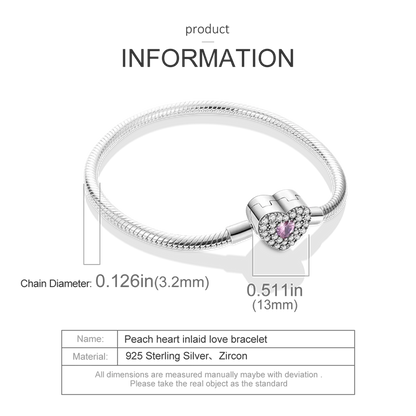 Fashion S925 Silver Plated Peach Heart Love Sparkling Zircon Bracelet For Women Fit DIY Charms Beads Fine DIY Birthday Jewelry