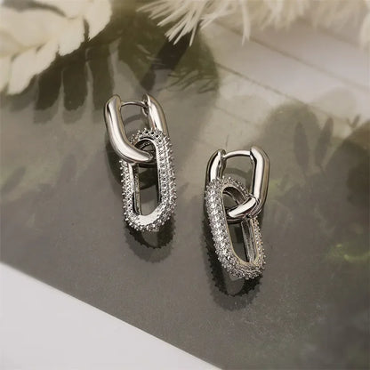 Aretes Geométricos con Brillantes – Pendientes Elípticos de Doble Aro para Mujer, Joyería Elegante de Fiesta