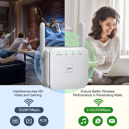 5GHz WiFi Repeater AC1200 – WiFi Extender 1200Mbps, Amplificador de Señal 2.4G/5GHz, Cobertura Larga para Hogar y Oficina