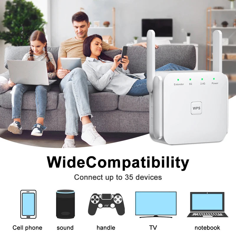 5GHz WiFi Repeater AC1200 – WiFi Extender 1200Mbps, Amplificador de Señal 2.4G/5GHz, Cobertura Larga para Hogar y Oficina