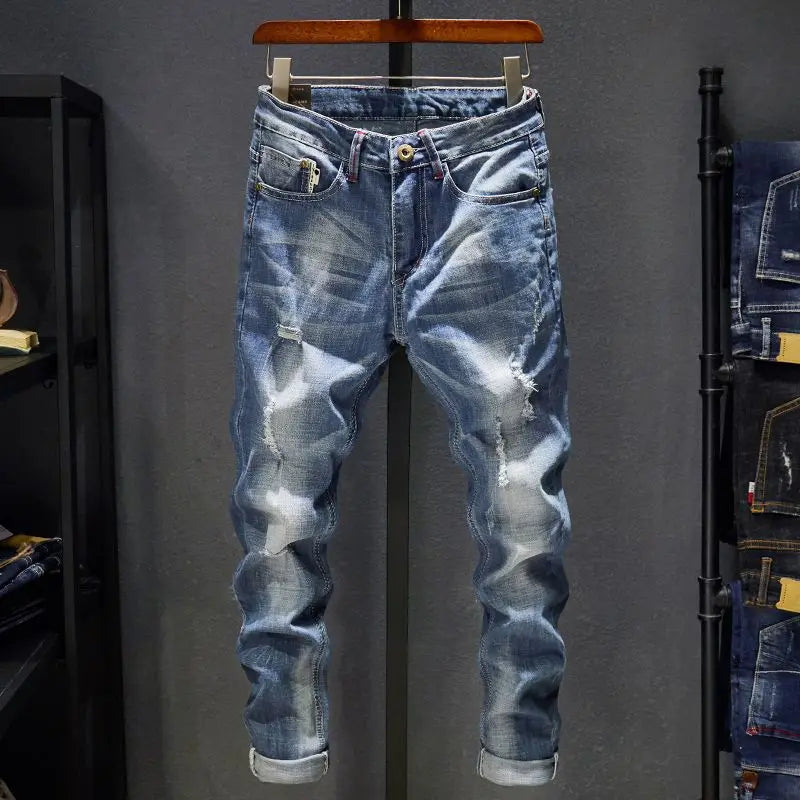 Jeans Hombre High Street | Pantalón Slim Fit Ripped Recto Elástico Streetwear Todo el Año 2025