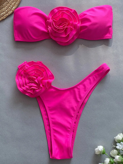 Bikini Brasileño Strapless Mujer | 3D Flores Bandeau 2 Piezas Playa