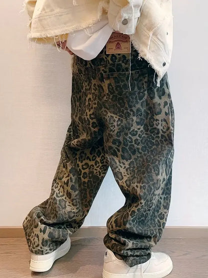 Jeans Oversize Leopardo para Hombre – Pantalones Denim de Pierna Ancha, Streetwear Hip Hop Vintage, Casual con Estampado Animal