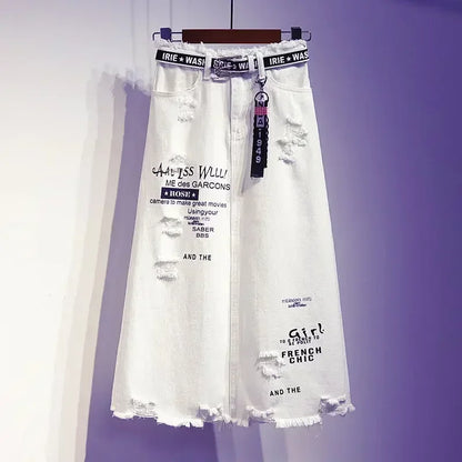Falda Larga Mujer Denim Blanca | Estilo Coreano Oversize con Estampado Letras