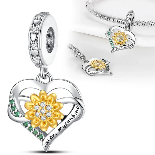 Charm Corazón con Girasoles Dorados en Plata 925 | Beads para Pulsera Original Pandora