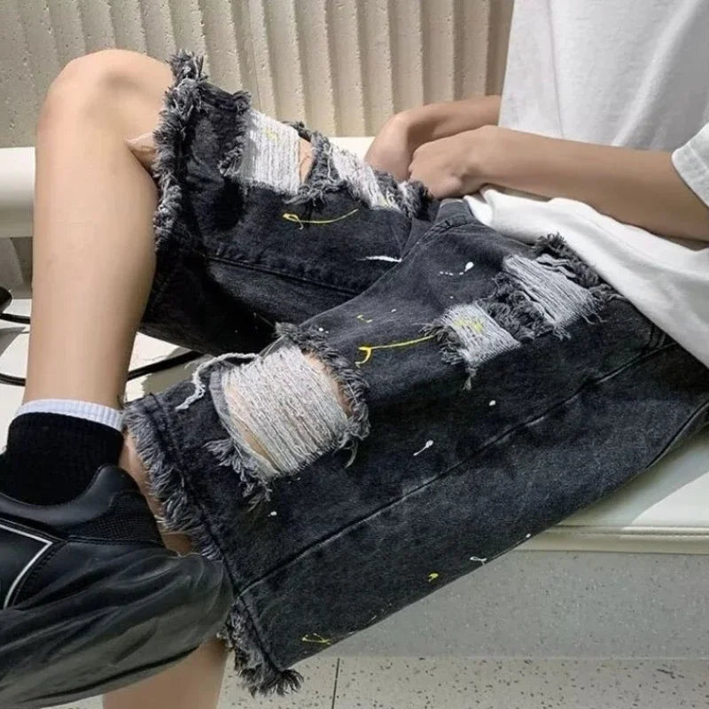 Bermudas Vaqueras Oversize Hombre Talla Grande | Shorts Baggy Holgados con Bolsillos y Roturas Estilo Emo Casual
