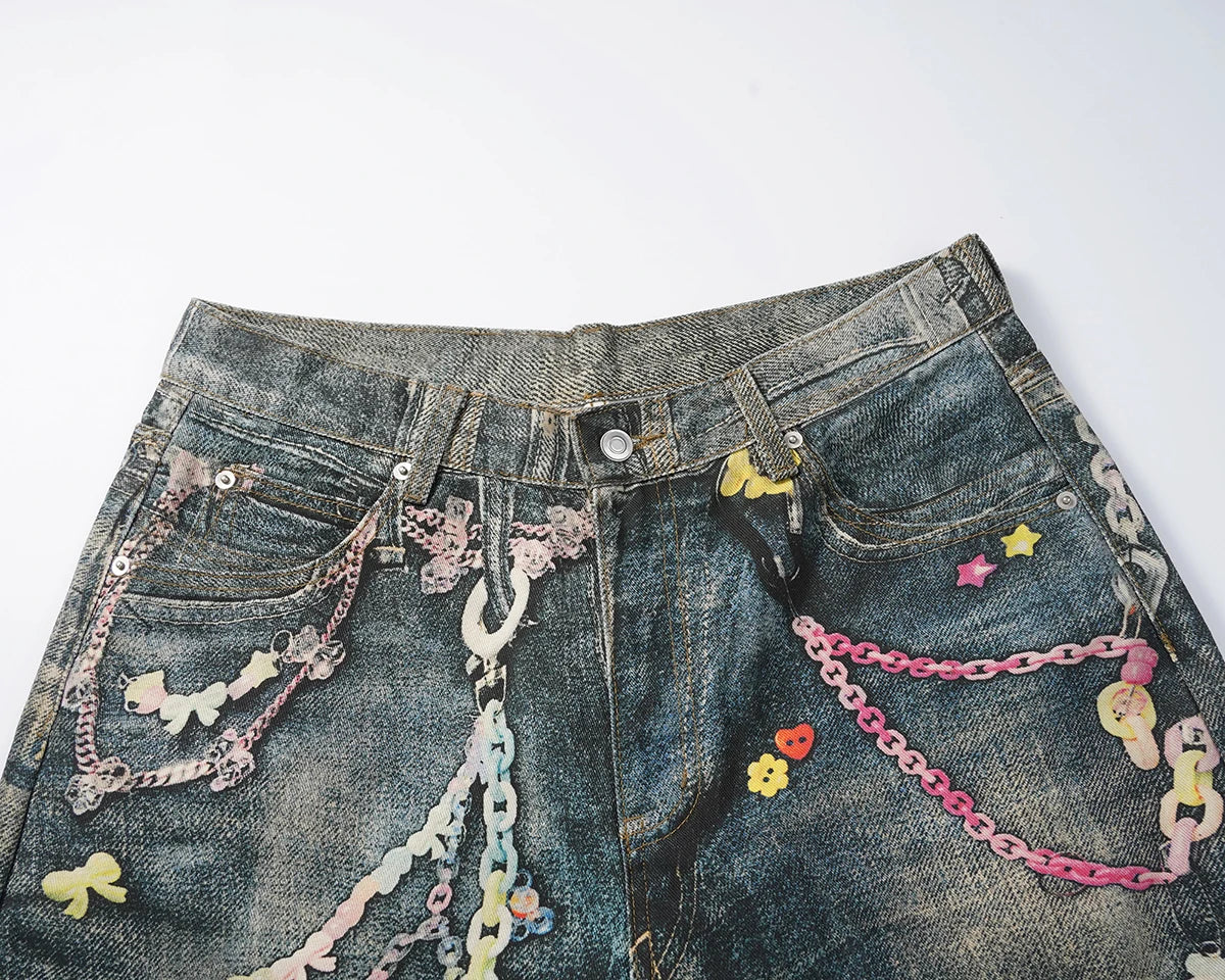 Jeans Vintage con Estampado 3D de Cadenas – Pantalones Baggy Unisex Harajuku Rectos Oversize Cargo Denim Lavado